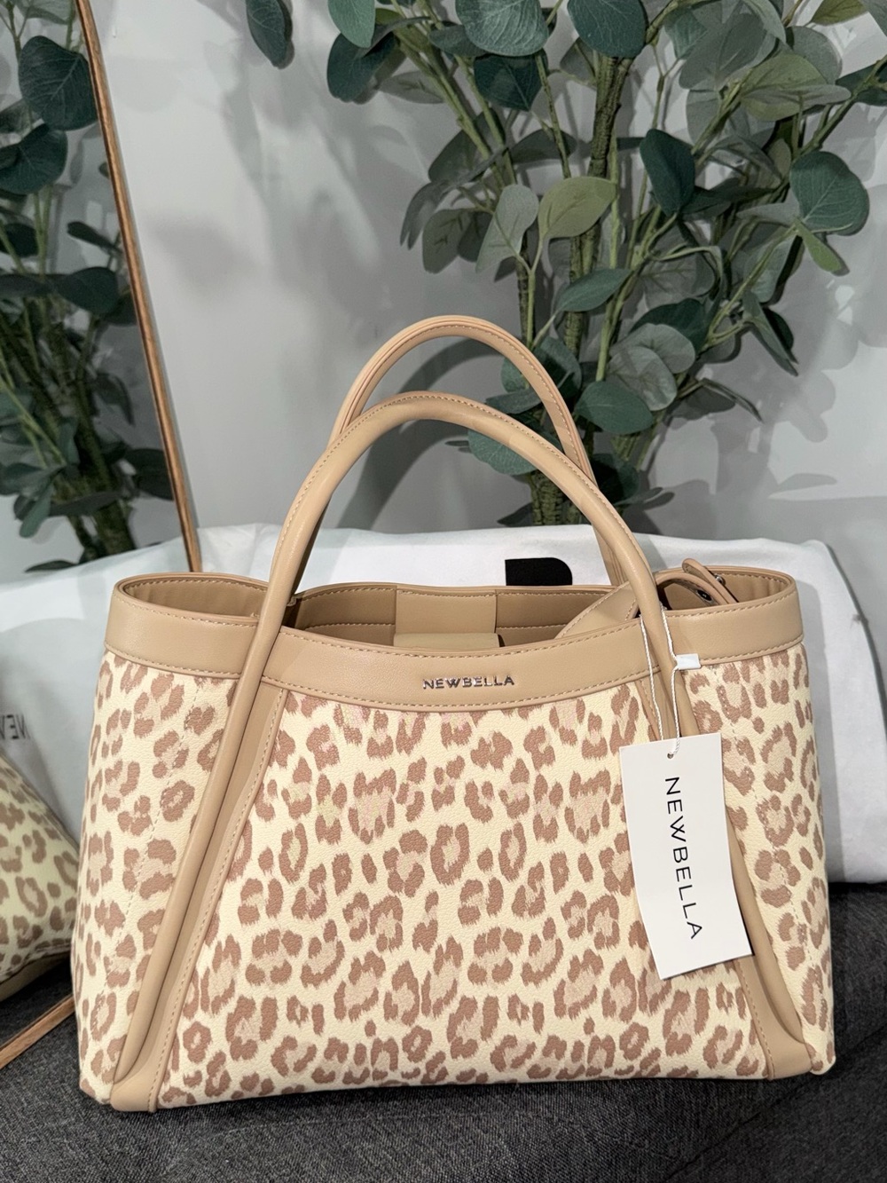 Newbella Beige Leopard-Print Tote with Tan Trim